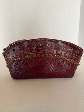 American West Embossed Leather Cosmetic Bag in Burgundy with Stud Accents
